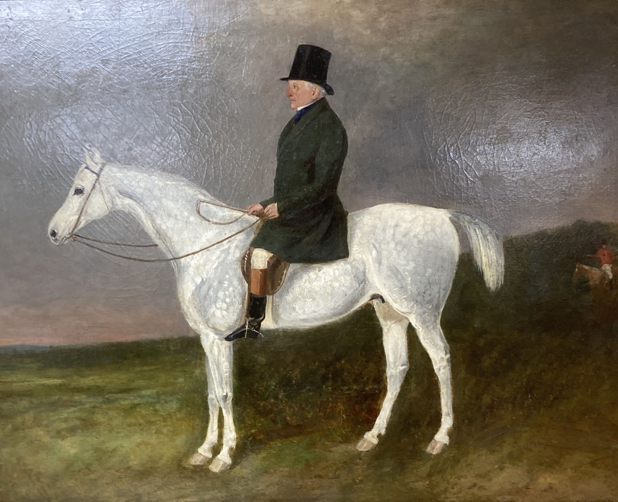 Attributed to Charles Bilger Spalding (1810-1871), oil on canvas, Portrait of Mr W. Wilkinson on horseback, c.1840, faded label verso,